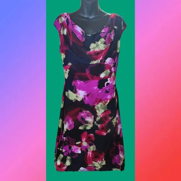 LAUREN RALPH LAUREN FLORAL PRINT COWL NECK RUCHED SLEEVELESS DESIGNER DRESS - Picture 2 of 5